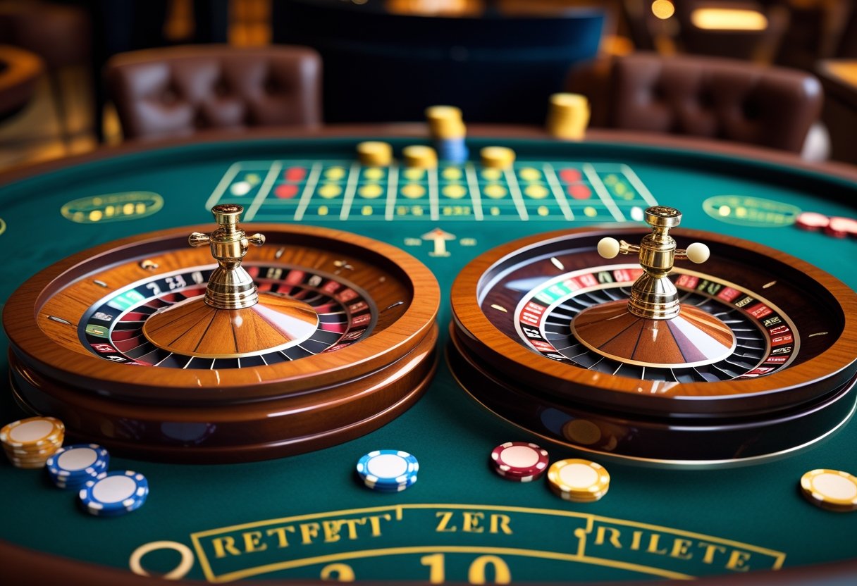 Close-up of two roulette wheels on a casino table, one with a single zero and the other with single and double zeros, surrounded by colorful chips.