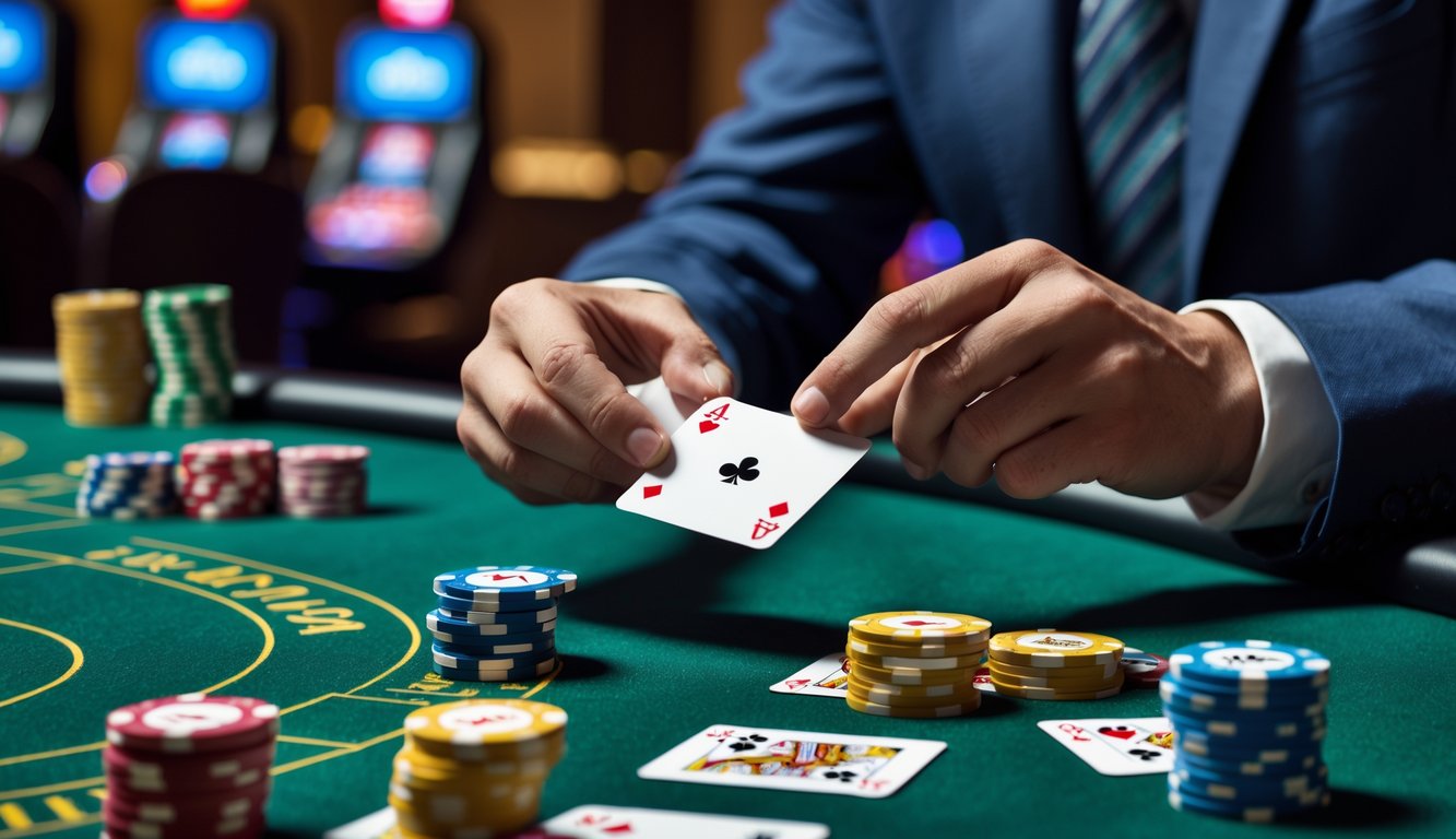 Meja blackjack kasino dengan tangan dealer yang sedang membagikan kartu dan tumpukan chip warna-warni di atas meja hijau.