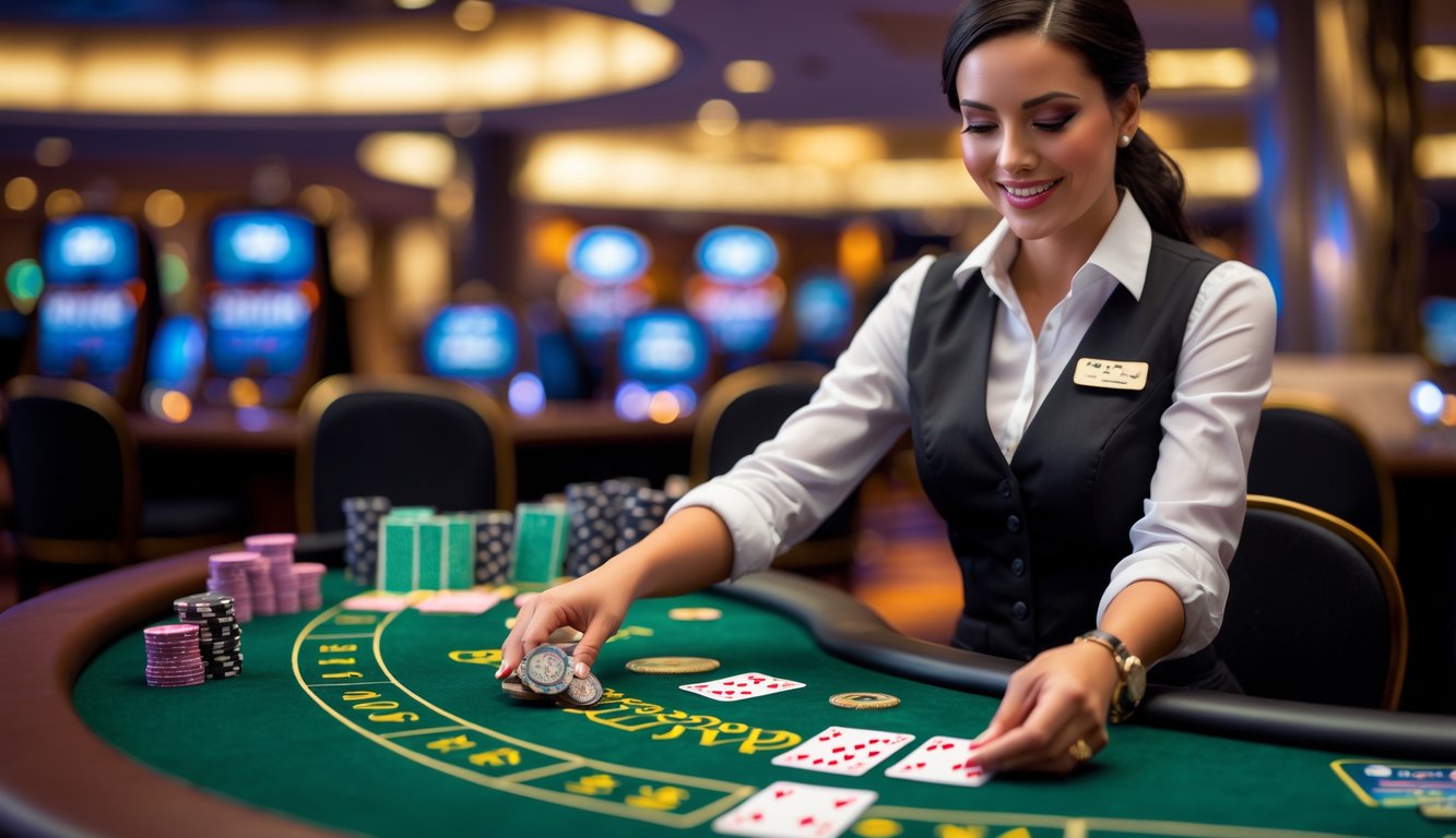 Seorang dealer blackjack wanita sedang membagikan kartu di meja hijau di kasino.