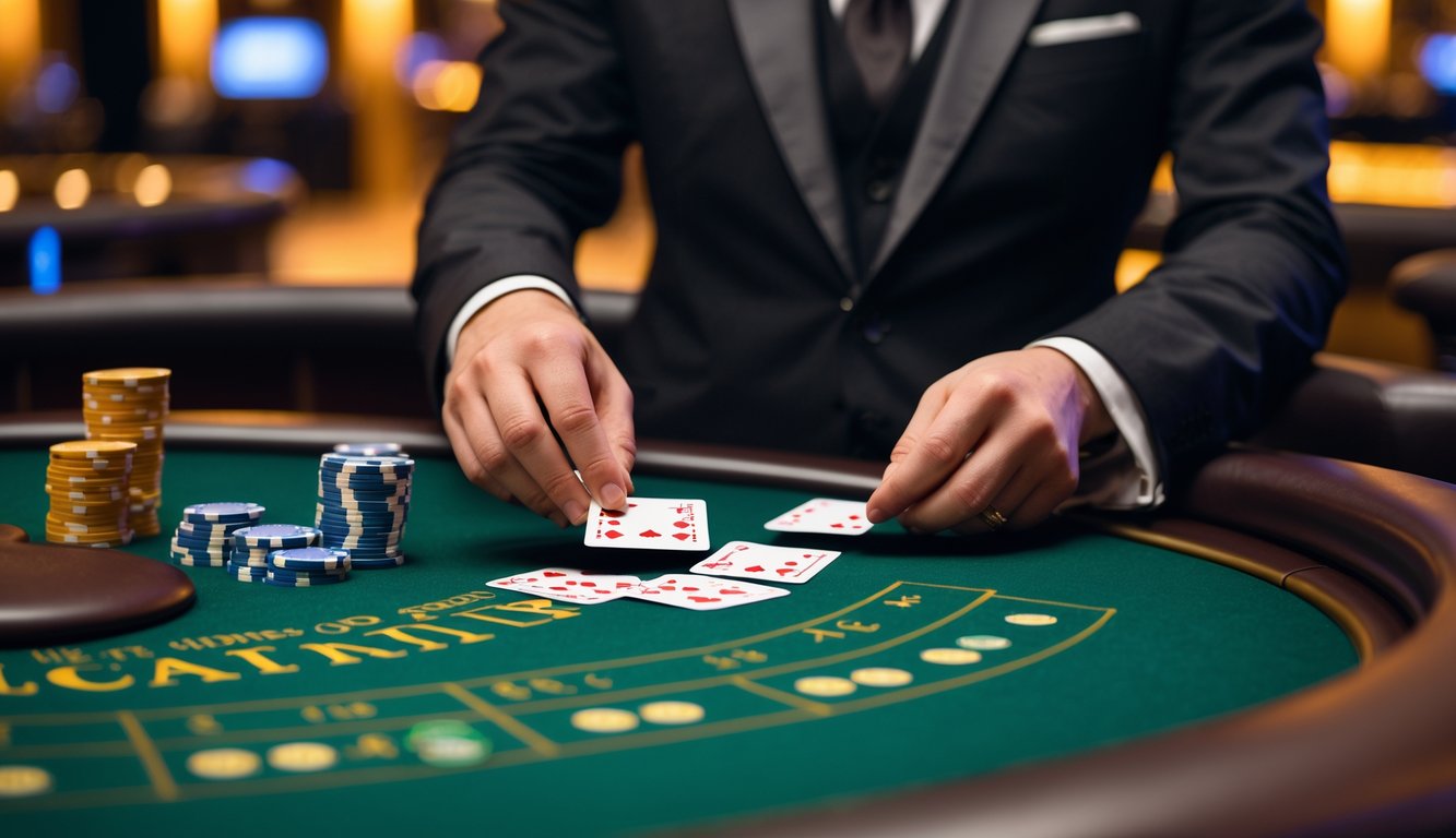 Meja blackjack di kasino dengan dealer yang sedang membagikan kartu kepada pemain, tumpukan chip taruhan terlihat di meja.