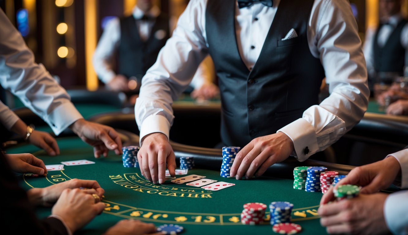 Seorang dealer di meja blackjack dengan kartu dan chip, dikelilingi oleh tangan pemain yang sedang bertaruh di kasino.