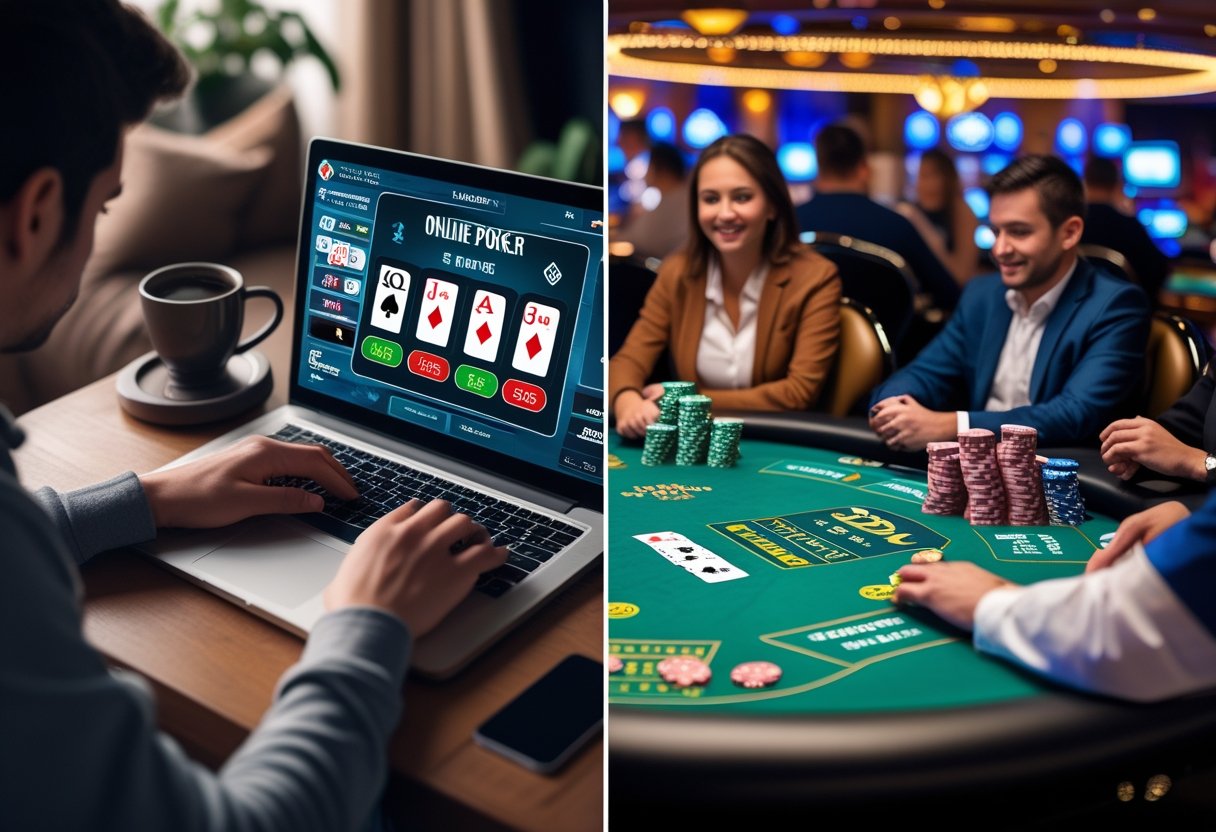 Split image showing a person playing poker on a laptop at home on one side and people playing poker at a casino table on the other side.