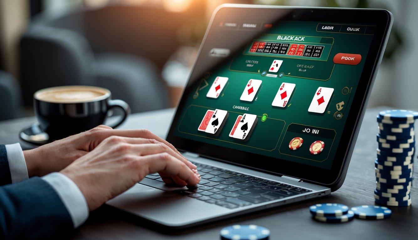 Seseorang bermain blackjack online di laptop dengan chip poker di meja dan suasana ruang kerja yang nyaman.