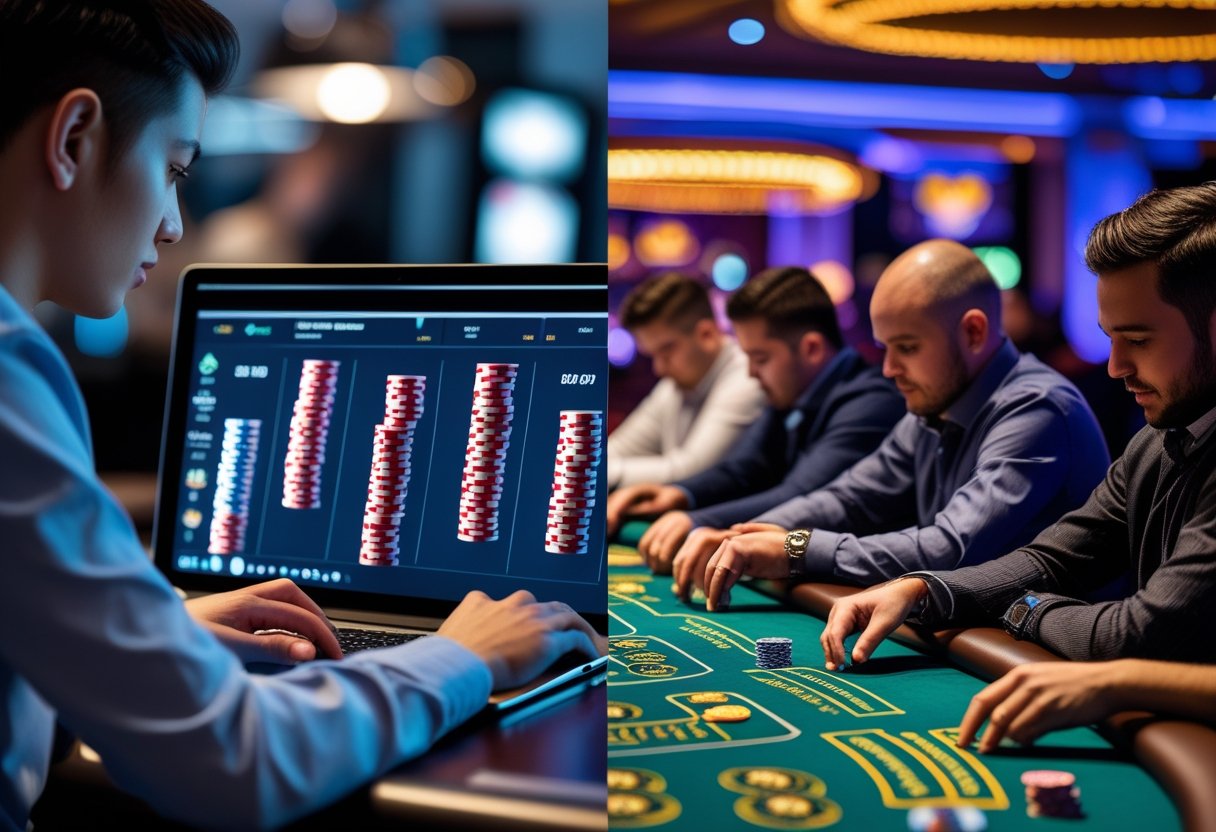 A split scene showing a person playing poker online on a laptop and a group of people playing poker at a live casino table.