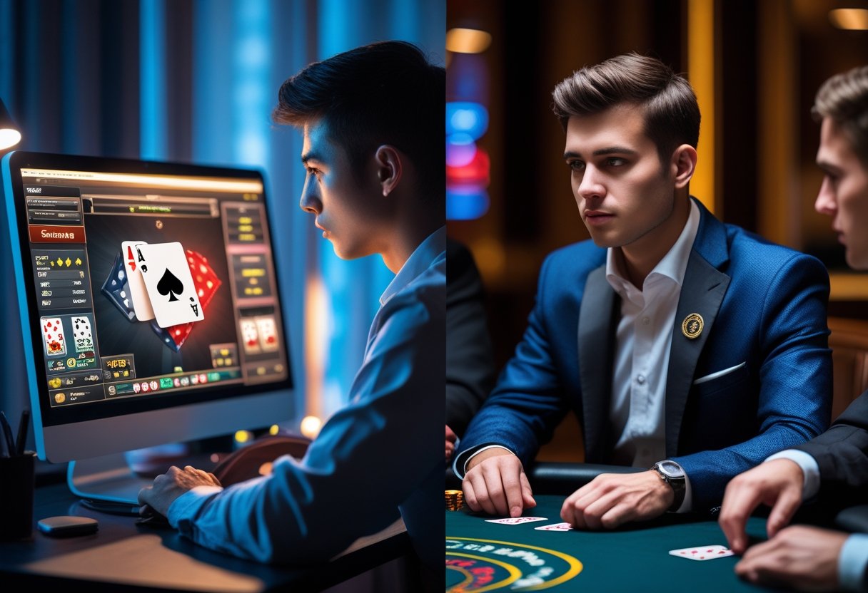 A man playing online poker on a computer and another man observing opponents at a live poker table in a casino.