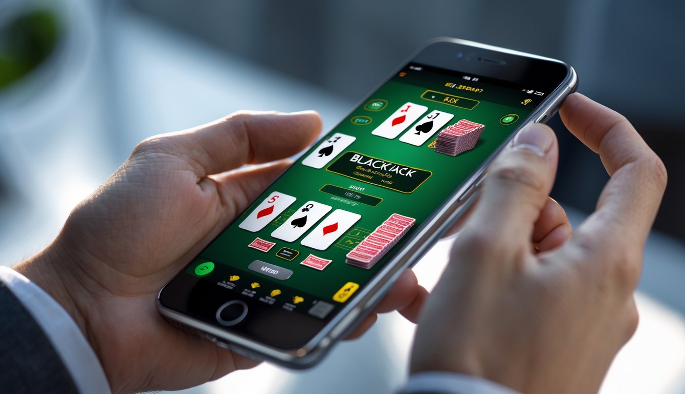 Sebuah tangan memegang ponsel yang menampilkan permainan blackjack digital di layarnya.