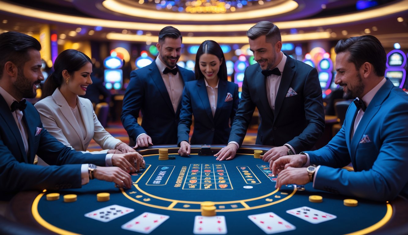 Meja blackjack di kasino modern dengan pemain dan dealer yang sedang bermain kartu.