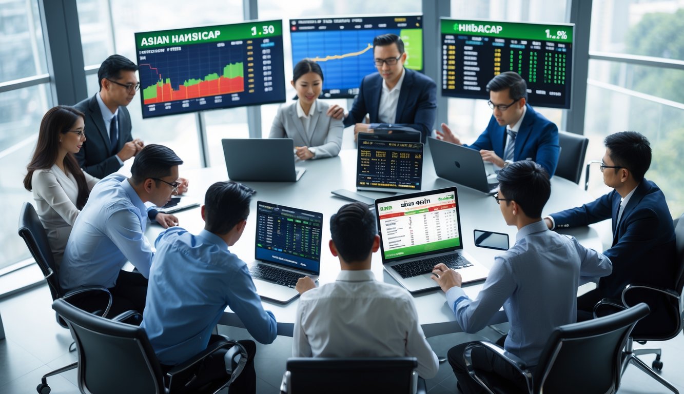 Sekelompok orang sedang berdiskusi dan menggunakan perangkat digital untuk melihat skor olahraga dan peluang taruhan di sebuah ruangan modern.