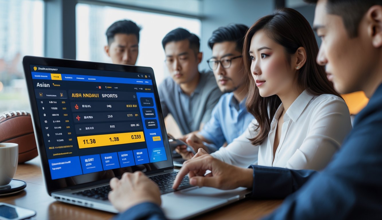 Orang-orang sedang melihat data taruhan olahraga di laptop di ruang kerja modern.