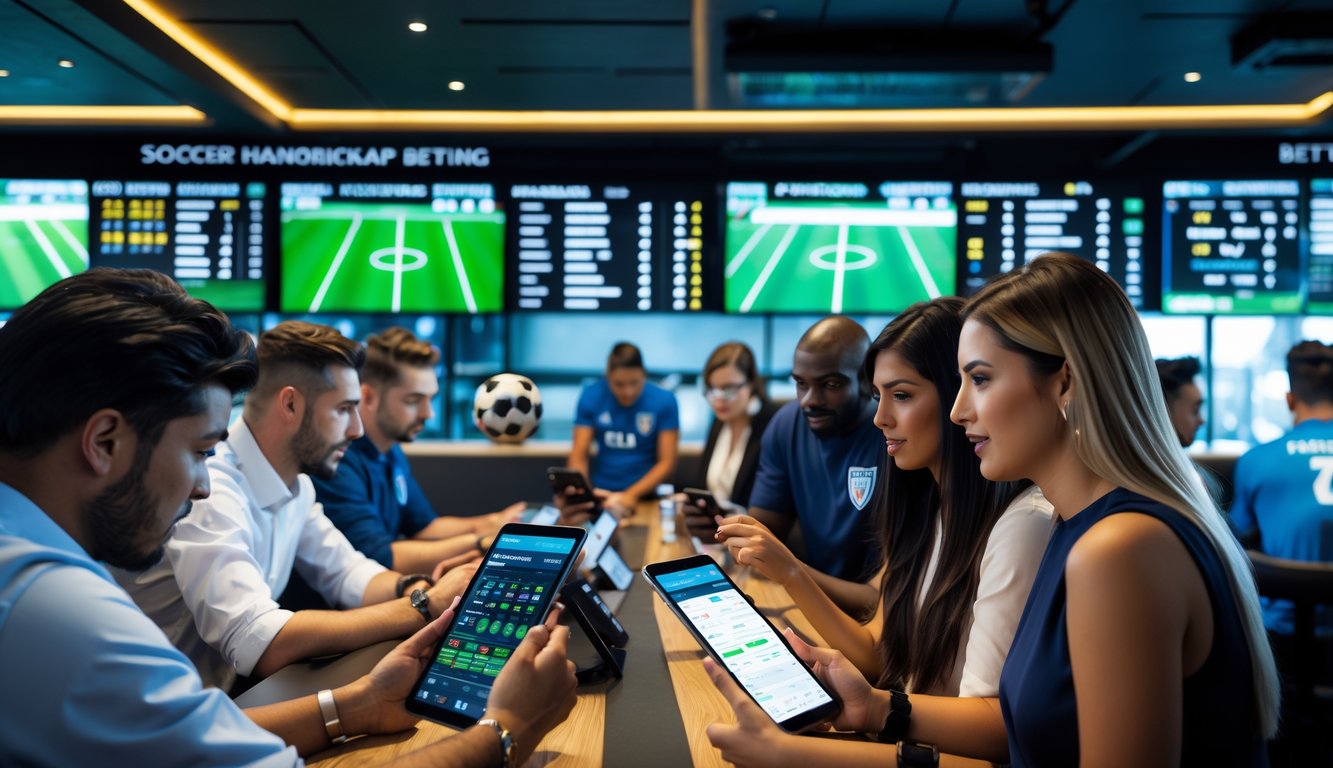 Orang-orang di ruang taruhan olahraga modern sedang melihat pertandingan sepak bola dan menganalisis peluang taruhan handicap.