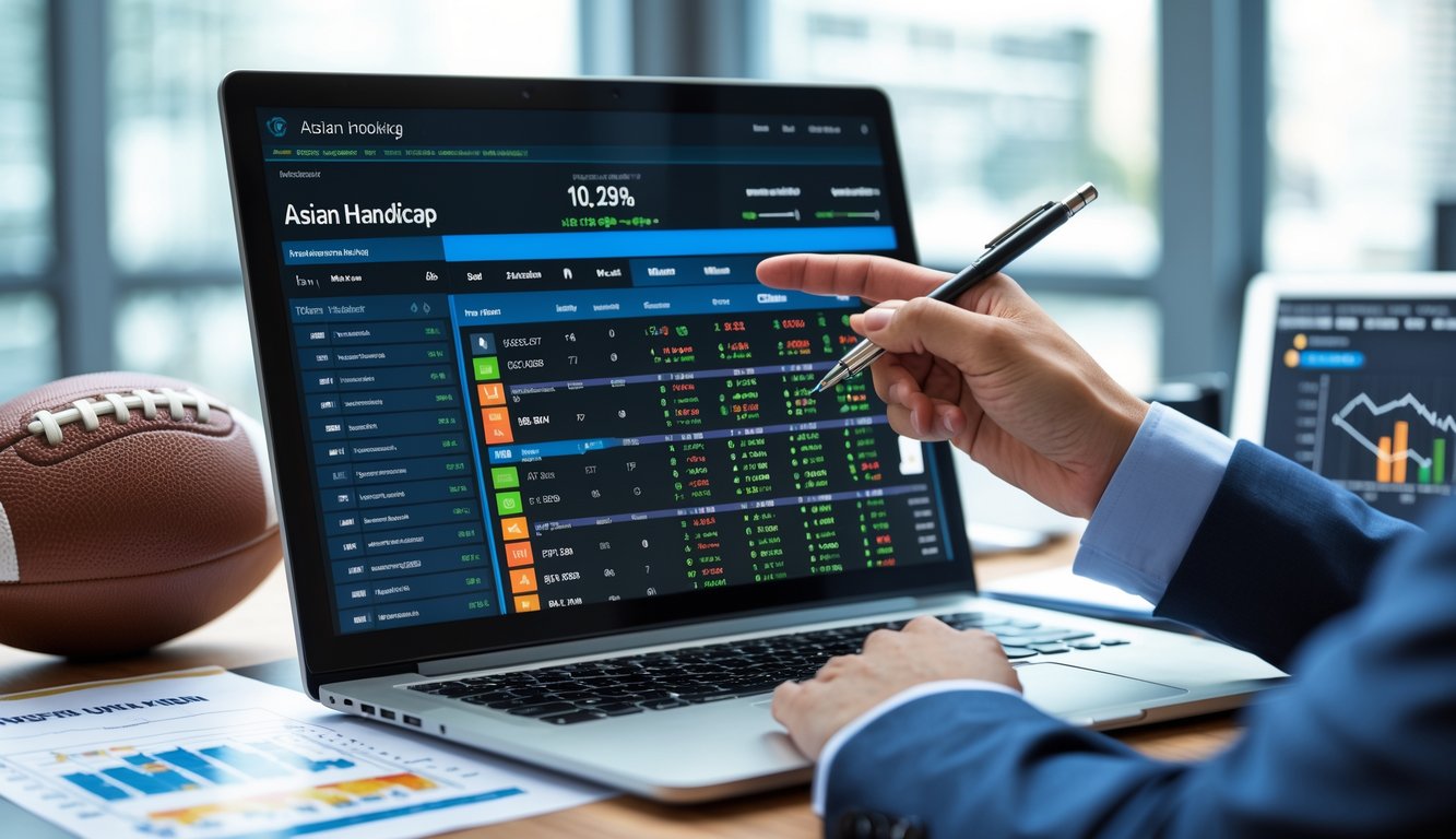 Seorang profesional sedang menunjuk layar laptop yang menampilkan data dan grafik prediksi taruhan Handicap Asia di meja kerja.