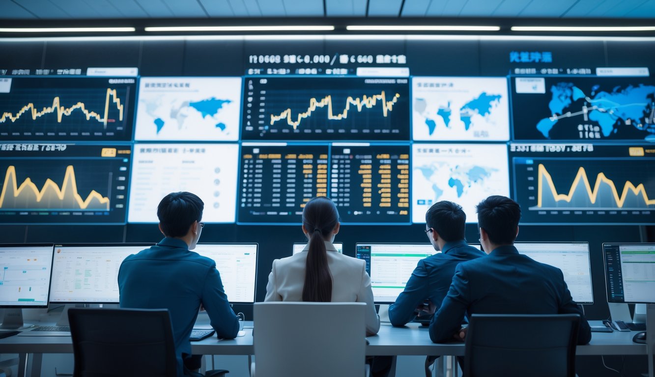 Sekelompok profesional Asia sedang menganalisis data taruhan olahraga di kantor modern dengan layar digital besar.