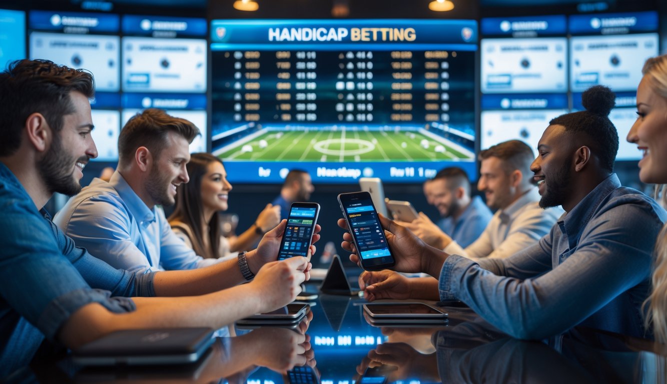 Orang-orang sedang memasang taruhan bola secara langsung di sebuah ruang taruhan olahraga dengan layar besar menampilkan statistik pertandingan sepak bola.