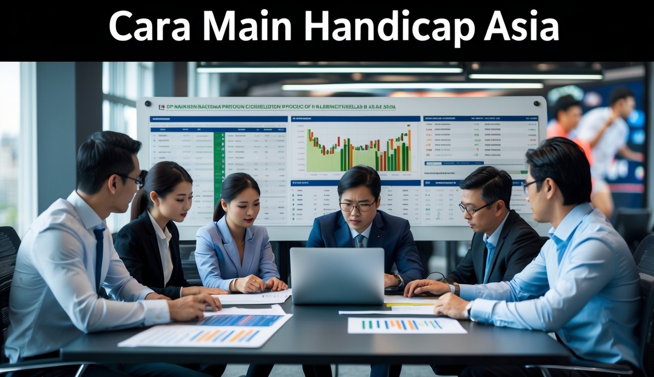 Sekelompok profesional Asia sedang berdiskusi dan menganalisis data taruhan handicap di ruang kantor.