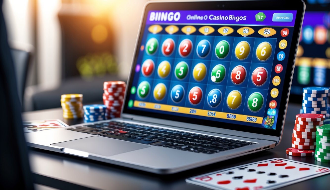 Sebuah laptop menampilkan permainan bingo online dengan bola bingo berwarna-warni dan kartu bingo di meja.