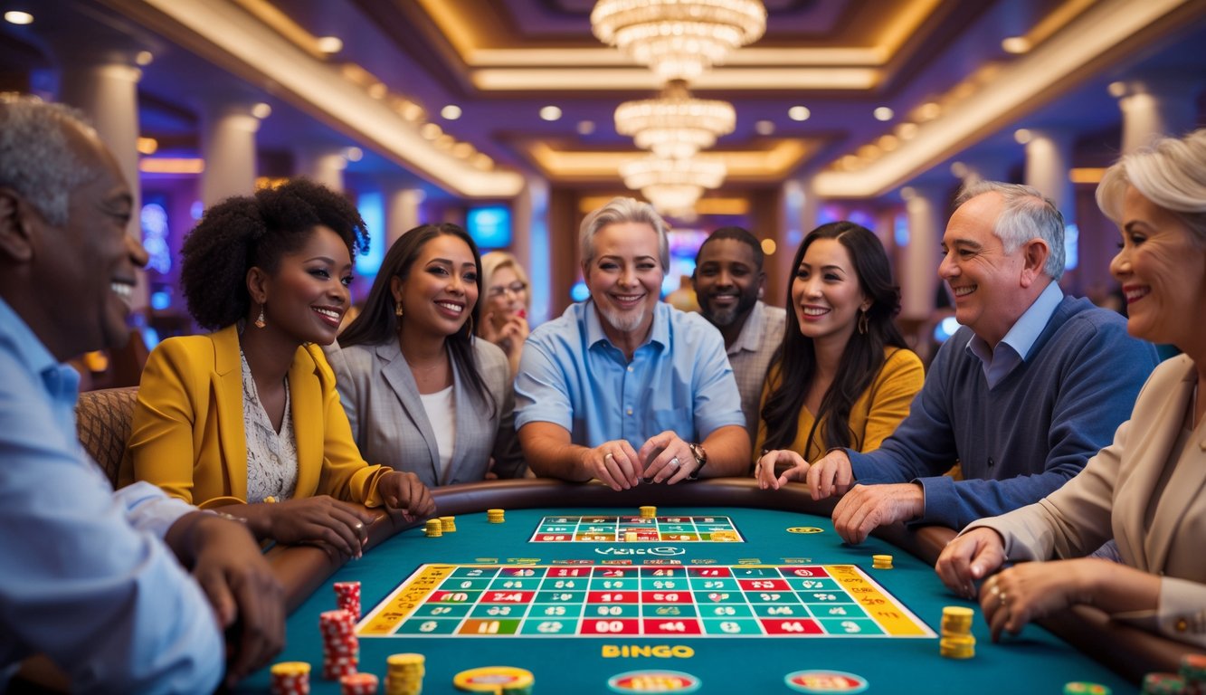 Suasana dalam sebuah kasino bingo dengan pemain yang antusias sedang bermain di ruang yang mewah dan terang.