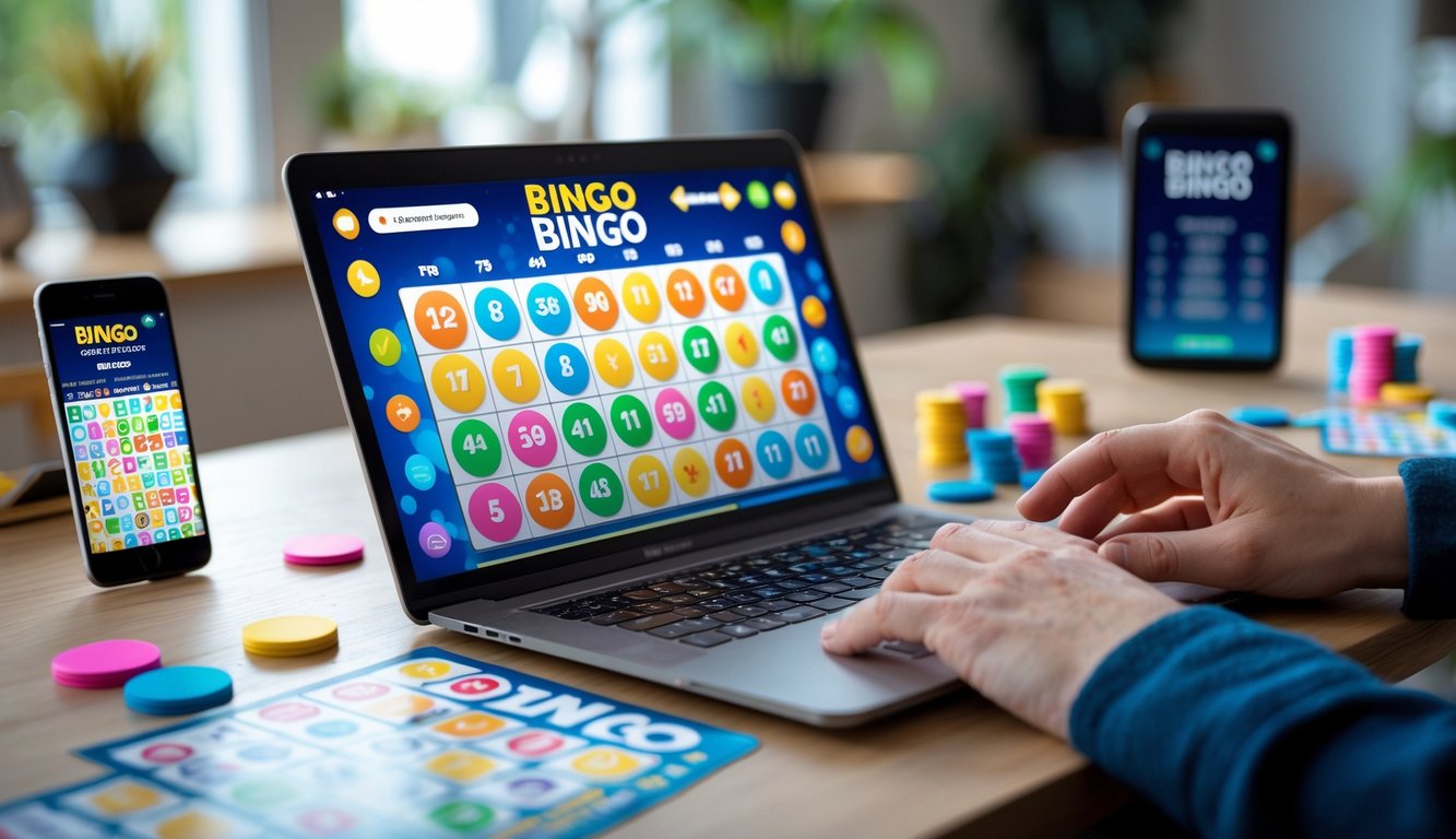 Seseorang bermain permainan bingo online menggunakan laptop dan smartphone di ruang kerja rumah.