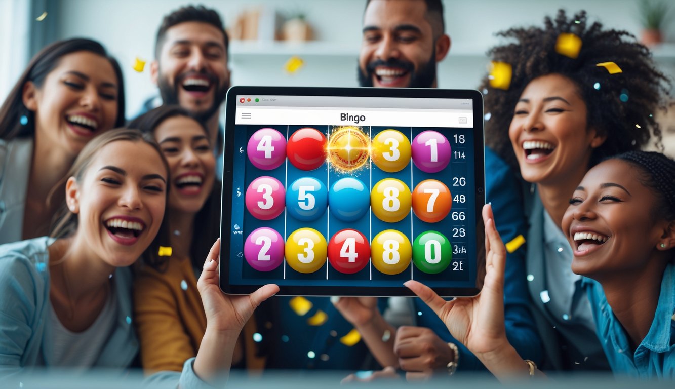 Orang-orang tersenyum dan merayakan kemenangan bingo online dengan bola bingo berwarna-warni di layar perangkat digital.
