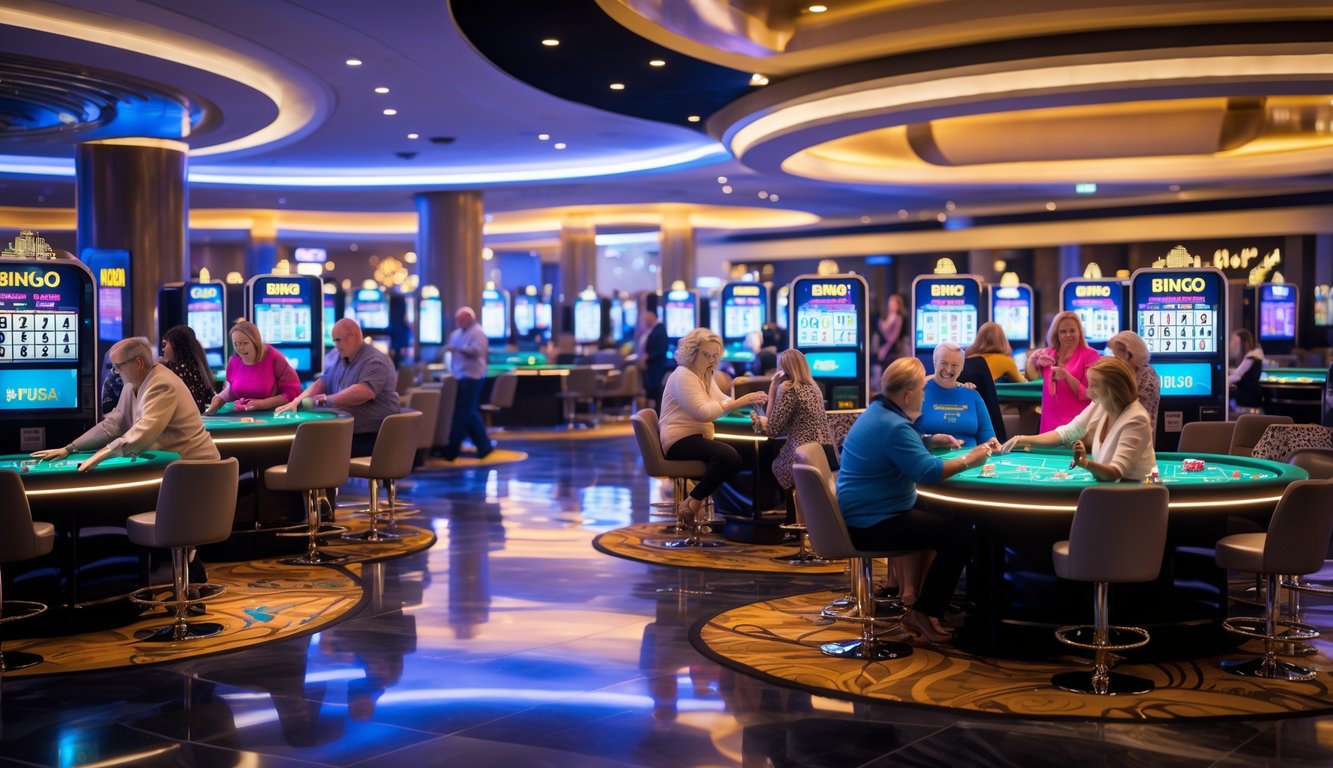 Interior kasino dengan meja bingo dan mesin bingo elektronik, orang-orang bermain bingo dengan gembira.