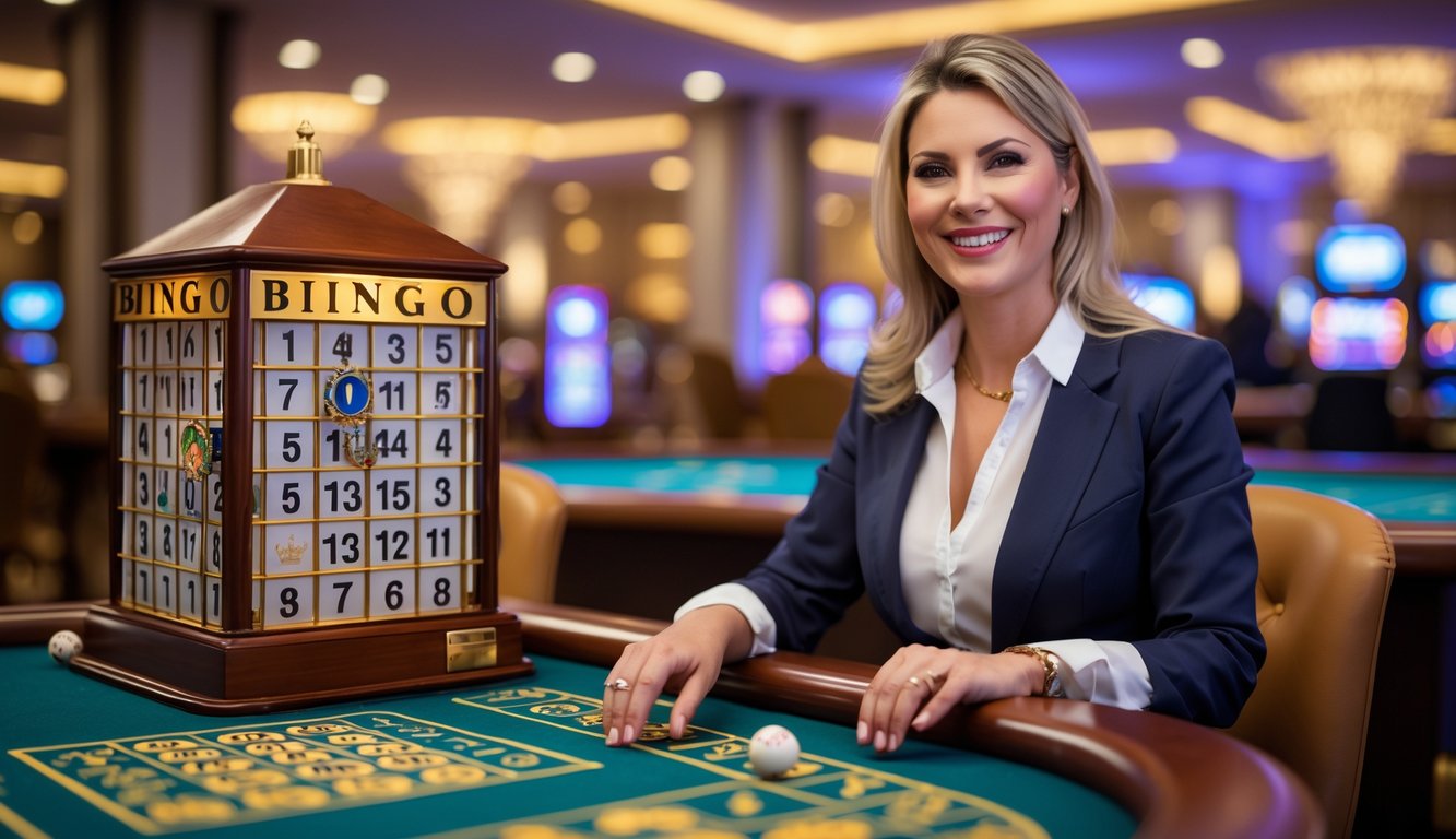 Seorang wanita dealer bingo duduk di meja kasino dengan peralatan bingo, tersenyum dan siap memutar bingkai bingo.