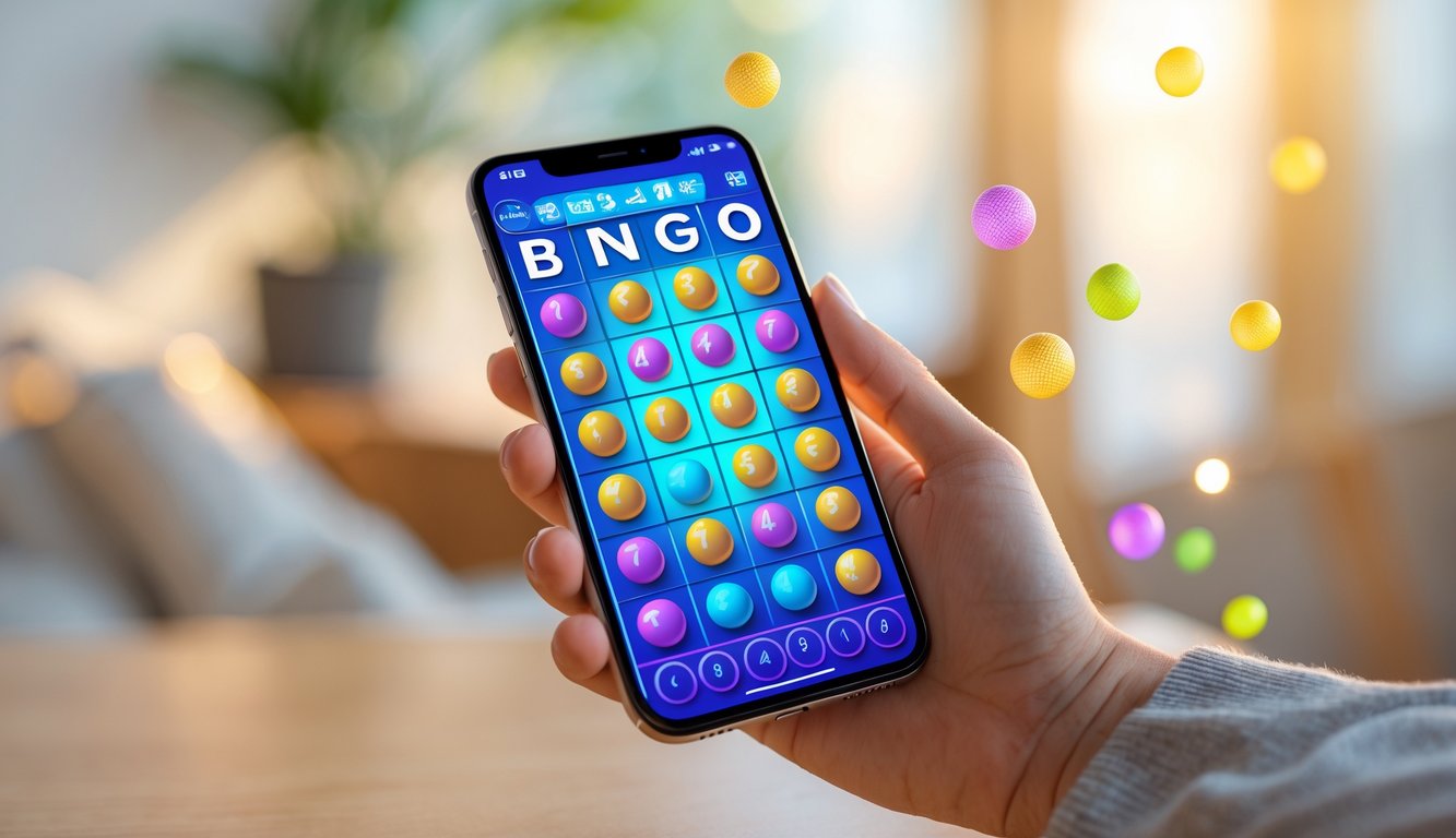 Seseorang memegang ponsel yang menampilkan permainan bingo berwarna-warni di layarnya.