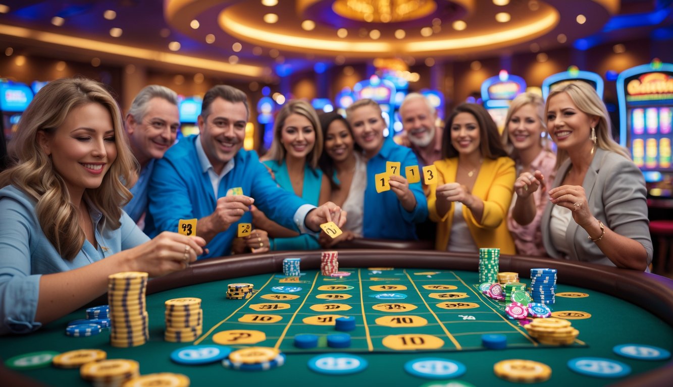 Orang-orang bermain bingo di dalam kasino dengan kartu bingo, chip, dan bola bingo di meja.