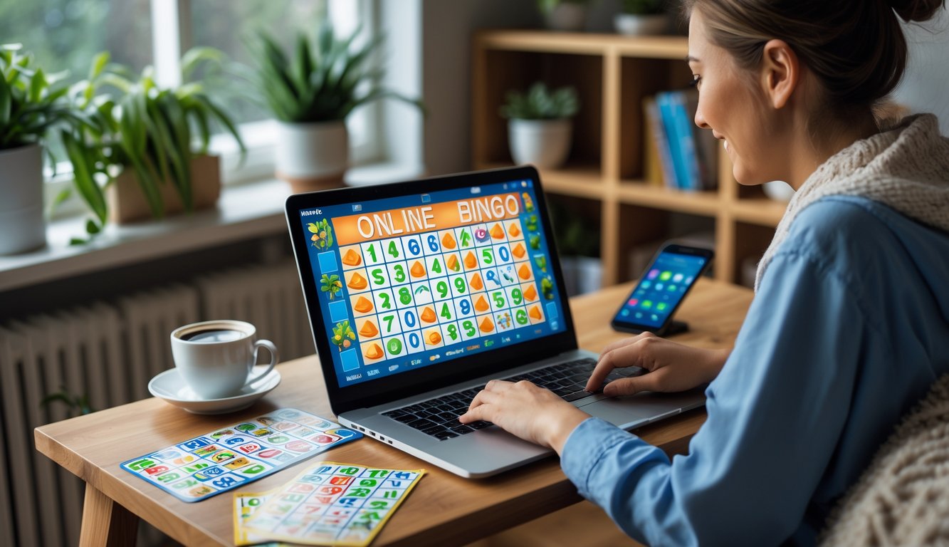 Seseorang sedang bermain bingo online menggunakan laptop di ruang kerja yang nyaman.