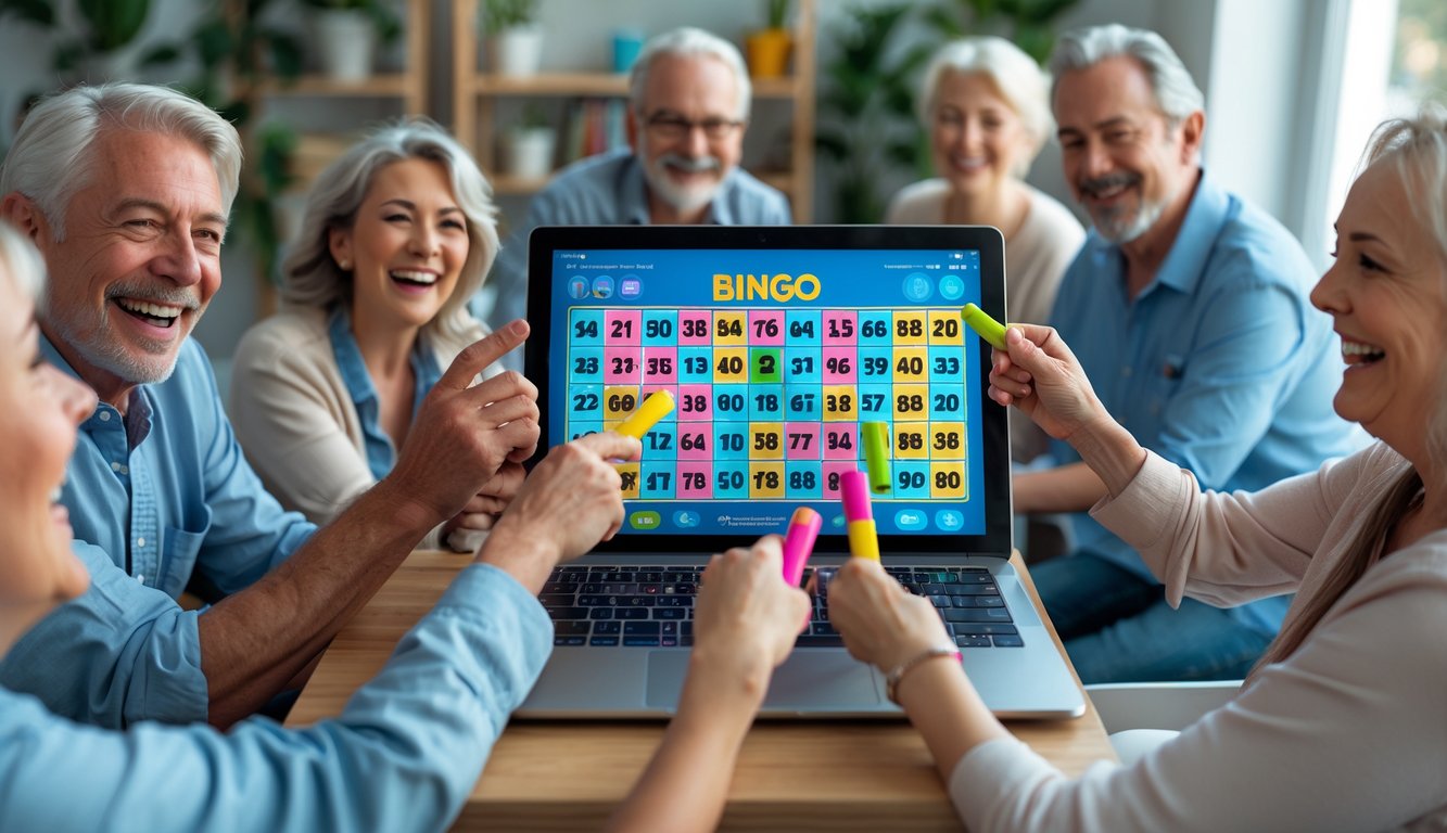 Beberapa orang dewasa senang bermain bingo online menggunakan laptop di ruang tamu yang nyaman.