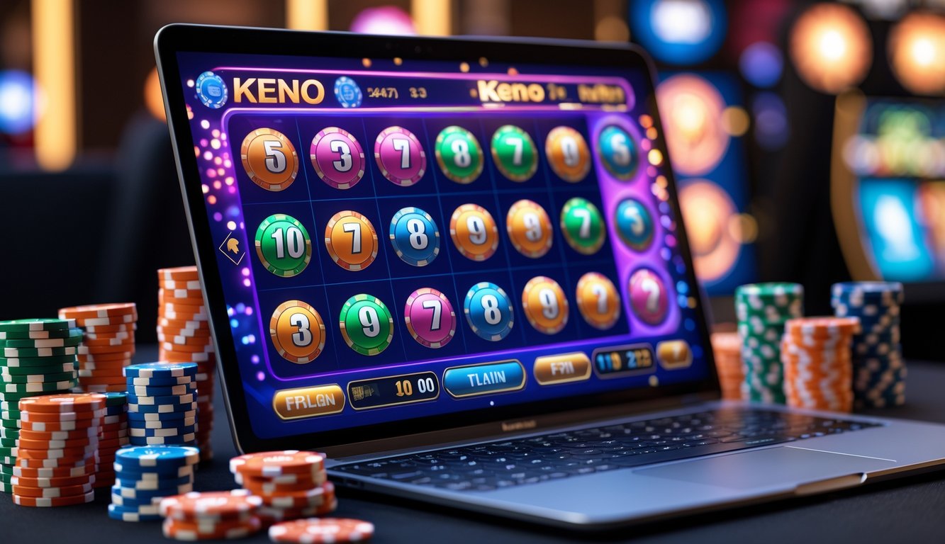 Sebuah komputer menampilkan permainan keno online dengan bola bernomor dan kartu keno digital, dikelilingi oleh chip poker dan kartu remi di latar belakang kasino.