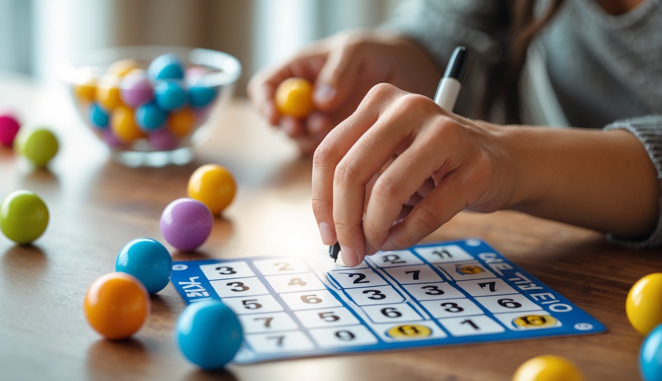 Seseorang sedang memilih nomor pada kartu permainan Keno dengan bola bernomor di atas meja kayu.