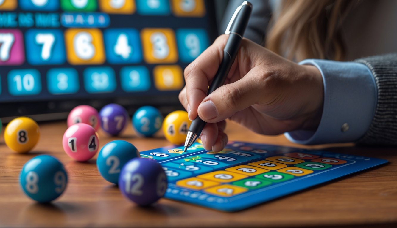 Seseorang sedang menandai angka pada kartu taruhan Keno di atas meja dengan bola-bola Keno berwarna di sekitarnya dan layar digital menampilkan hasil permainan di latar belakang.