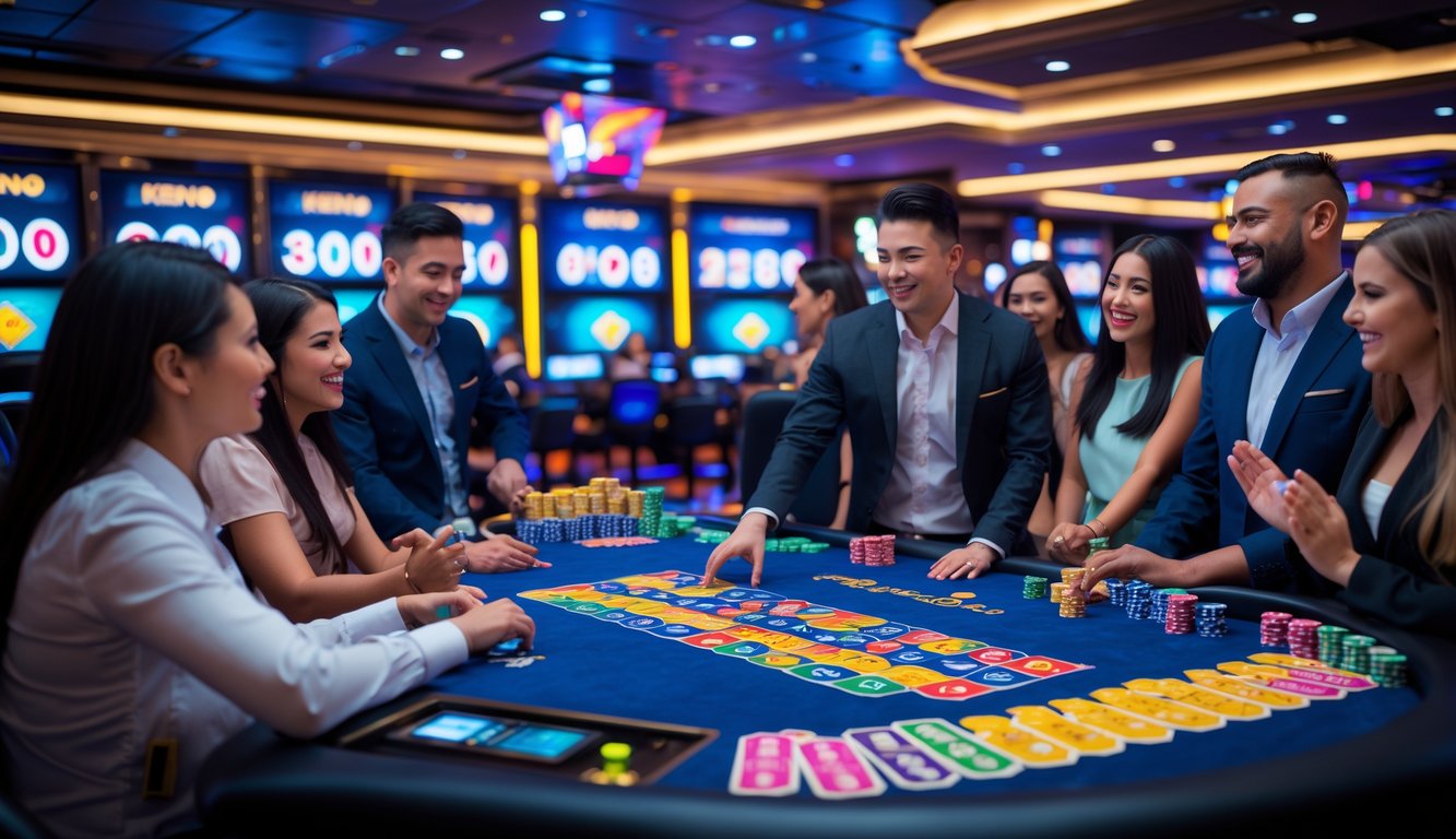 Suasana kasino langsung dengan meja Keno, pemain dan dealer yang sedang bermain.