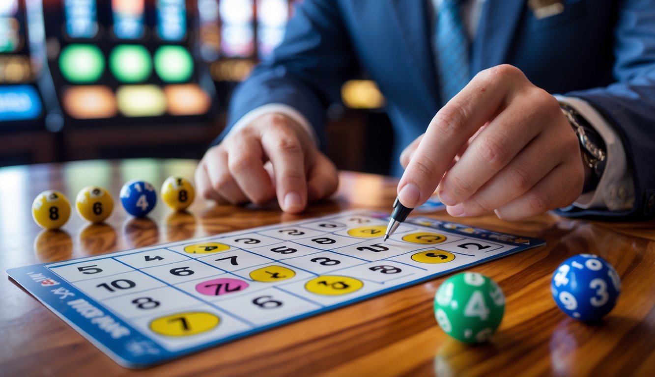 Seseorang sedang memilih nomor pada kartu Keno di meja kasino dengan bola Keno berwarna di dekatnya.