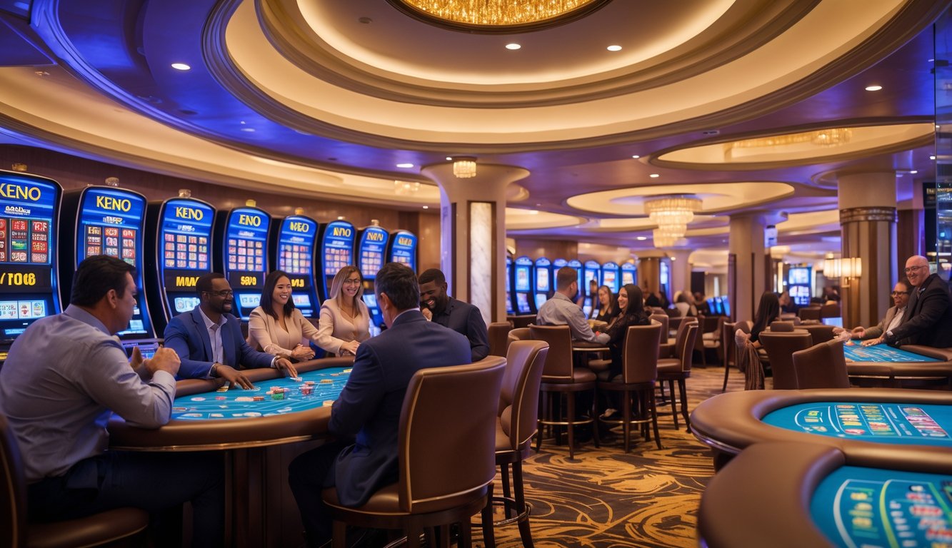 Suasana dalam kasino modern dengan orang-orang bermain permainan Keno di meja yang terang dan nyaman.