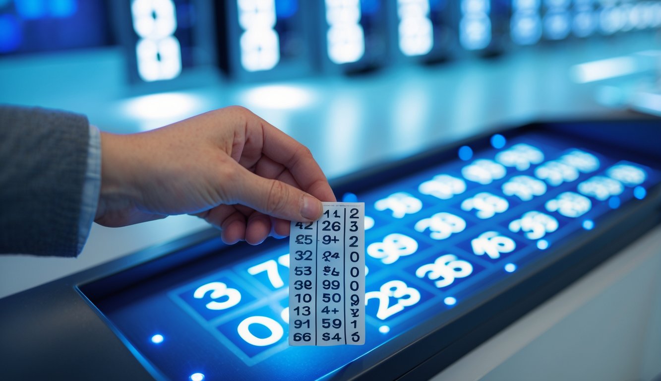 Tangan memegang kartu angka dengan papan digital menampilkan angka pemenang di latar belakang.