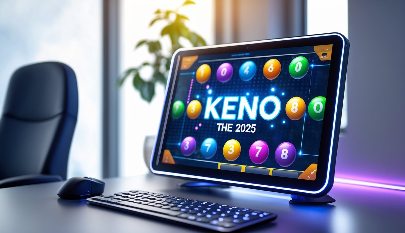 Seorang pengguna duduk di depan layar komputer yang menampilkan permainan Keno online dengan bola bernomor berwarna-warni dalam ruangan kerja modern.