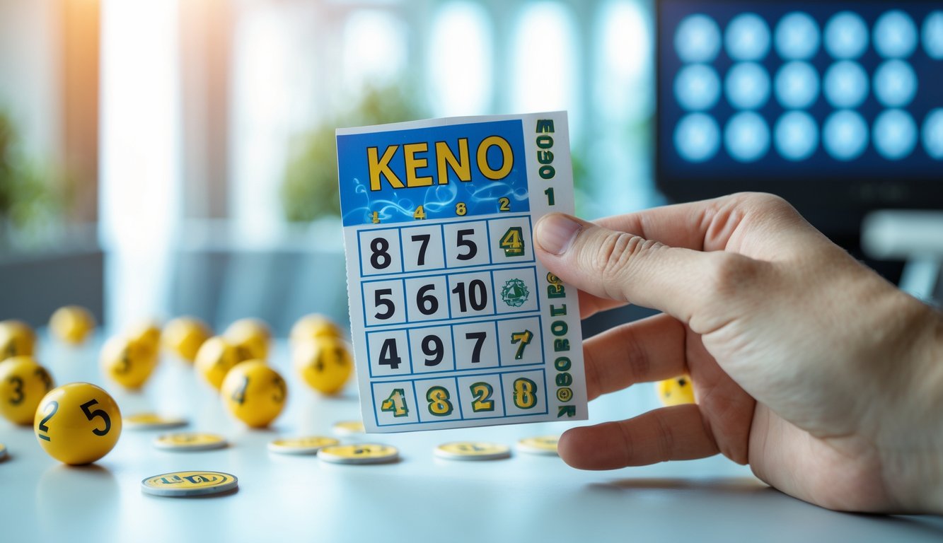 Tangan memegang tiket lotere Keno dengan bola bernomor di meja dan layar digital menampilkan angka Keno di latar belakang.