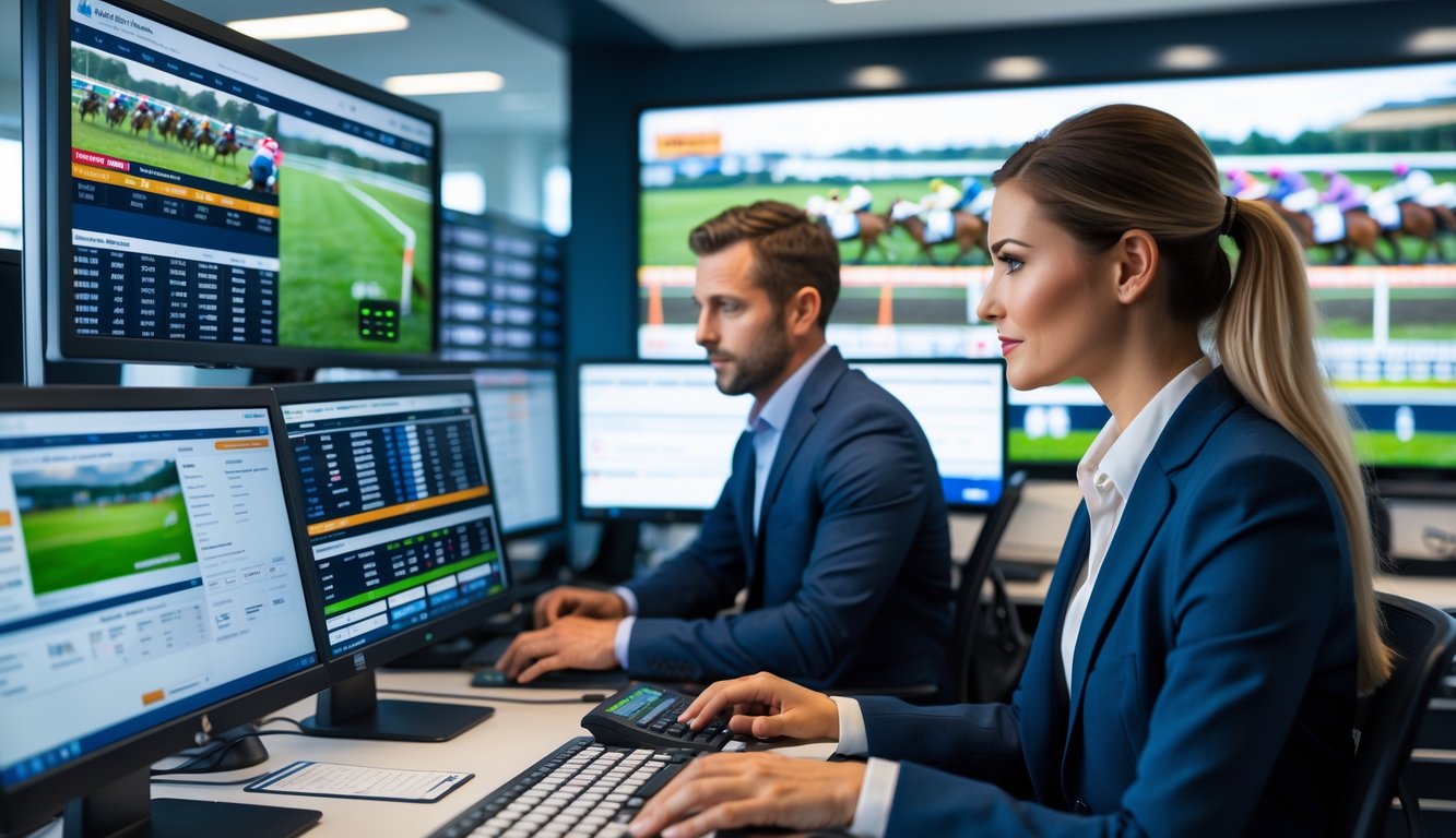 Seorang pria dan wanita sedang bekerja di kantor dengan beberapa layar komputer yang menampilkan statistik dan siaran langsung balap kuda.