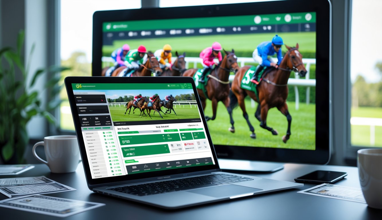 Seseorang menggunakan laptop dengan tampilan situs taruhan balap kuda online, dengan layar besar menampilkan balapan kuda di latar belakang.