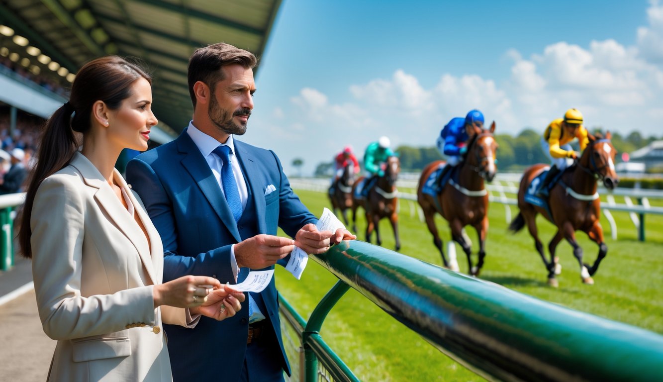 Seorang pria dan wanita berdiri di samping lintasan pacuan kuda dengan kertas taruhan, di latar belakang kuda-kuda berlari dan penonton di tribun.