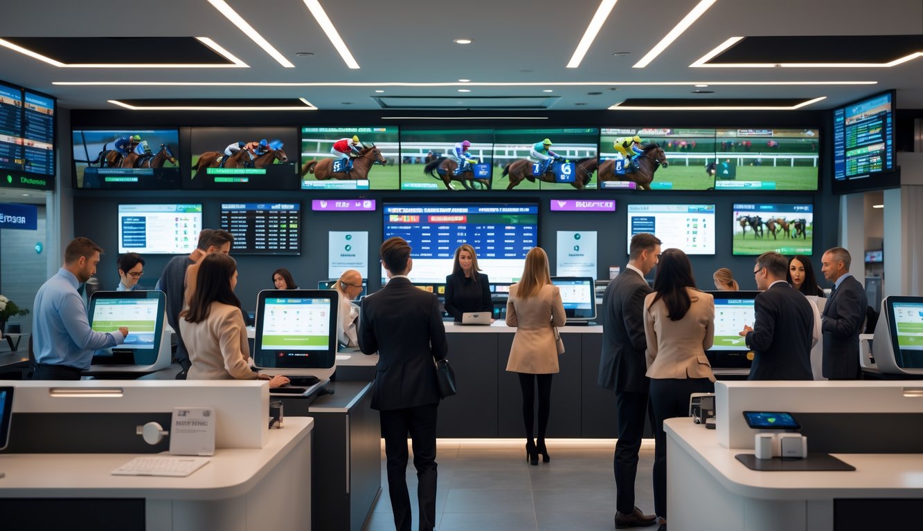 Suasana dalam agen taruhan kuda dengan orang-orang yang sedang memasang taruhan menggunakan layar digital dan komputer.