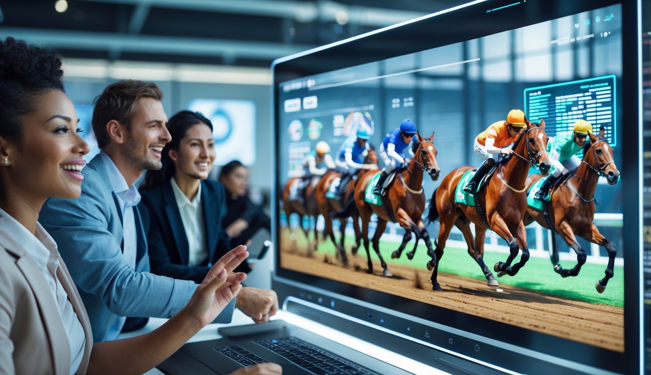 Orang-orang menonton dan berinteraksi dengan balap kuda virtual di layar sentuh besar di sebuah kantor modern.