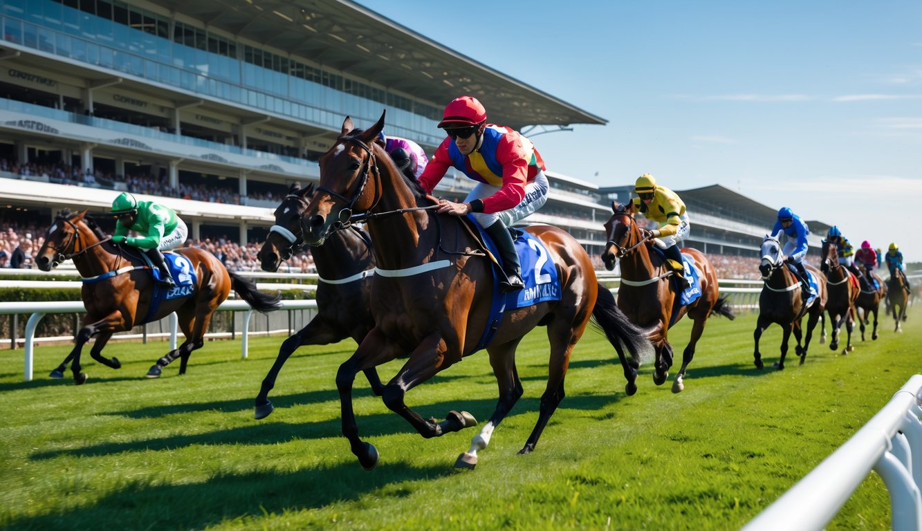 Beberapa kuda pacu sedang berlari cepat di lintasan balap dengan joki mengenakan pakaian warna-warni, di bawah langit cerah.