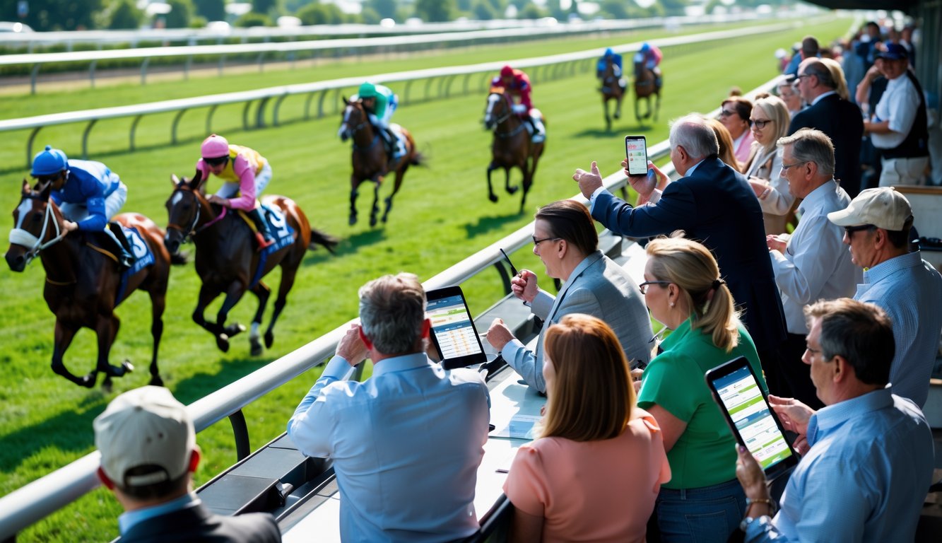 Orang-orang menonton dan memasang taruhan saat balap kuda berlangsung di lintasan balap.