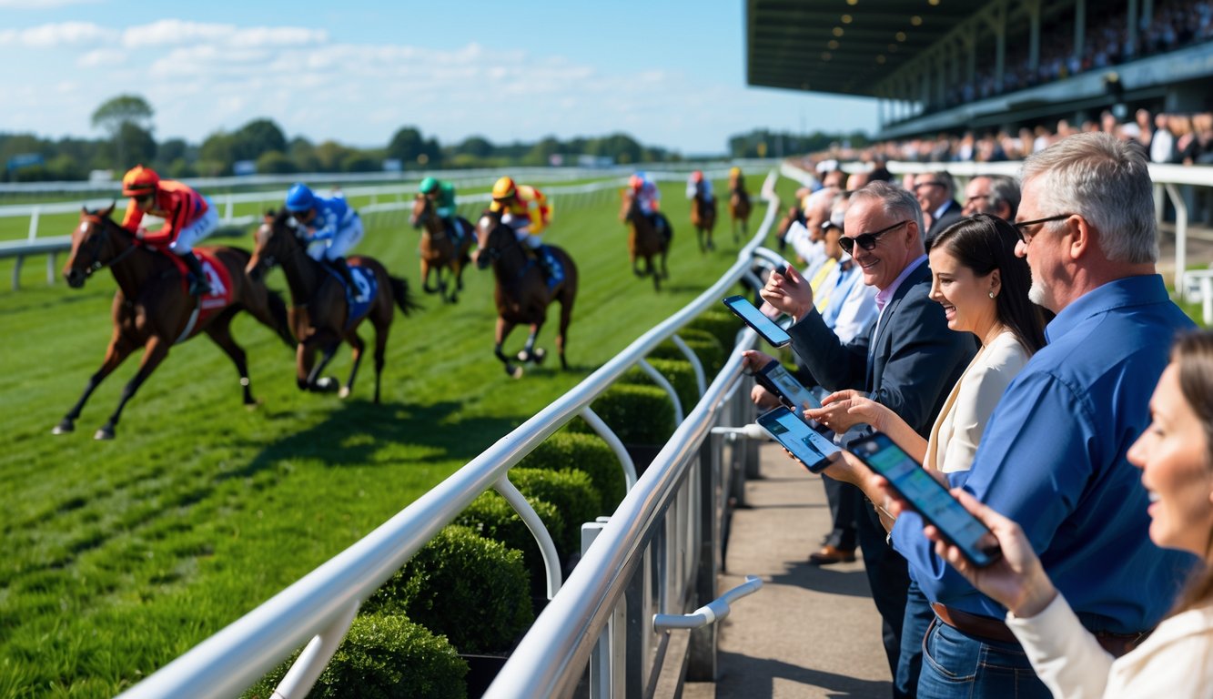 Orang-orang sedang memasang taruhan pada lomba balap kuda di arena balap dengan kuda-kuda berlari dan penonton di tribun.