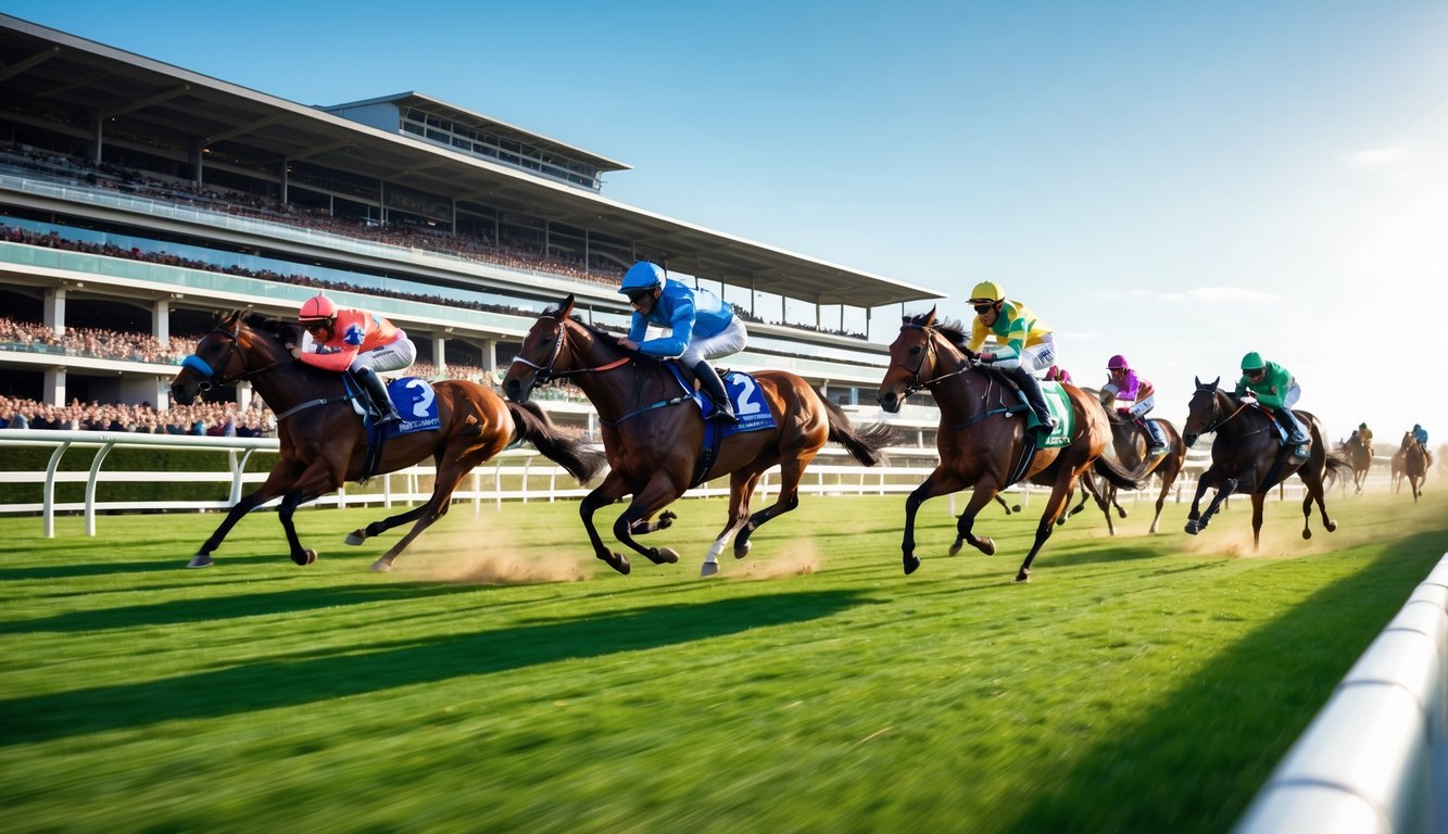 Balapan kuda dengan beberapa joki yang sedang berlari cepat di lintasan, di depan tribun penonton yang ramai.