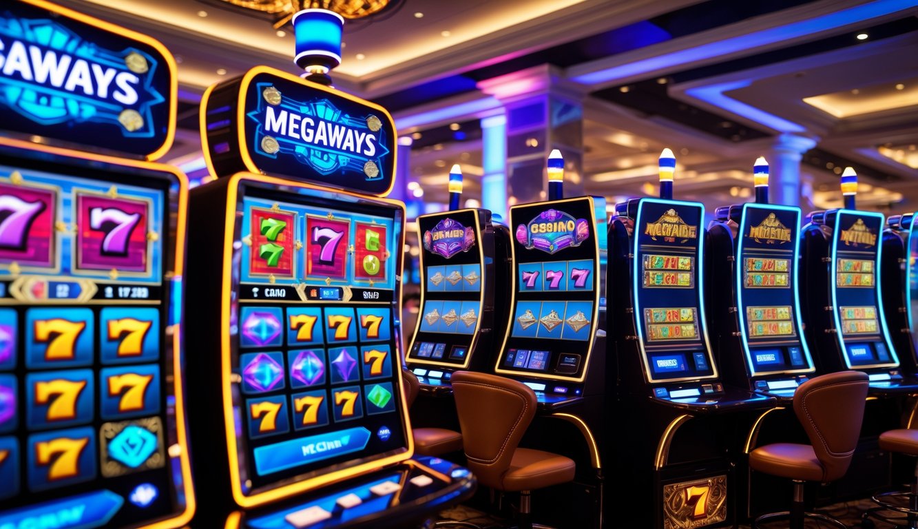 Mesin slot Megaways berwarna-warni dengan lampu LED menyala di dalam kasino yang modern.