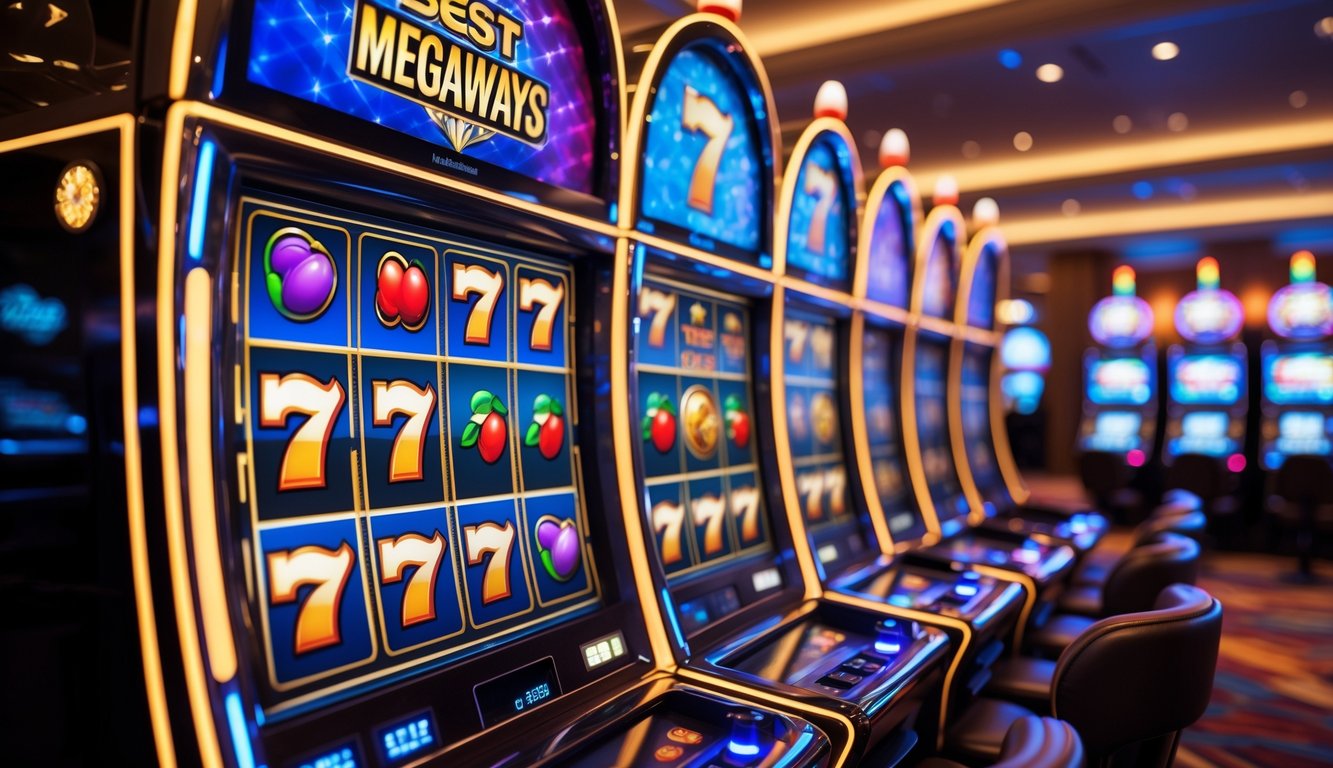 Mesin slot Megaways yang berwarna-warni dan menyala di dalam kasino dengan latar belakang mesin slot dan meja permainan lainnya.