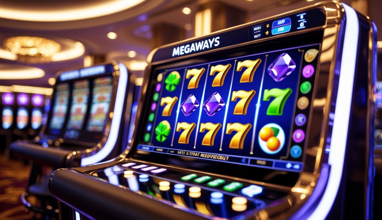 Mesin slot digital dengan simbol warna-warni dan latar belakang kasino mewah.