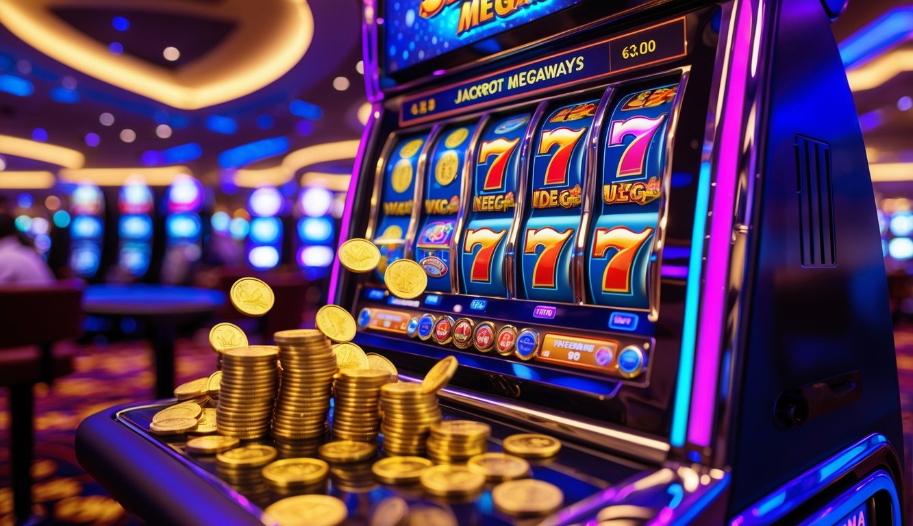 Mesin slot dengan banyak gulungan dan koin emas yang jatuh di sekitarnya di dalam kasino yang ramai.